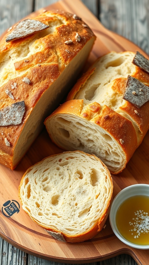 A golden crusted sourdough bread loaf on a wooden board with slices cut to show the soft interior.